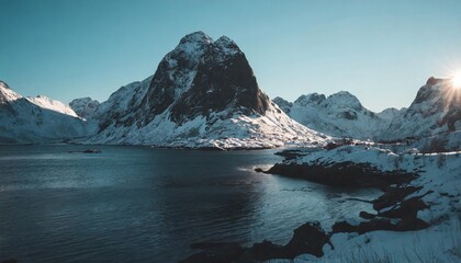 view of the fjords landscape in wintertime on lofoten islands scandinavia norway - obrazy, fototapety, plakaty