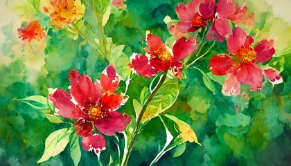 artistic watercolor floral background of red flowers in pink green and yellow colors with branch and foliage nature and blossom illustration template delicated paint - Powered by Adobe