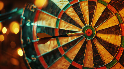 a dartboard with a single dart precisely lodged in the bullseye. The dartboard is vibrant, featuring multiple colors like red, green, and yellow, with black separators