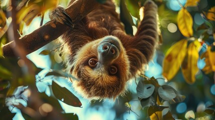 Fototapeta premium relaxed sloth hanging upside down from a tree branch, enjoying a leisurely lifestyle.