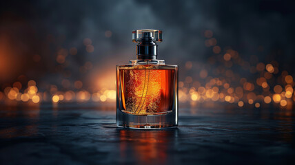 A square perfume bottle stands out against a dark background with a burst of golden bokeh lights