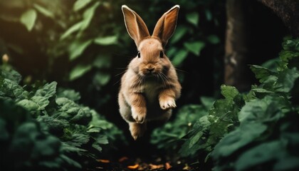 cute little rabbit jumping in the garden