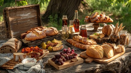 rustic picnic spread with homemade pastries and sandwiches, perfect for enjoying a sunny day outdoors.