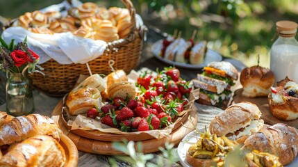 rustic picnic spread with homemade pastries and sandwiches, perfect for enjoying a sunny day outdoors.