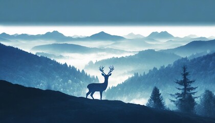 horizontal banner silhouette of deer doe fawn standing on hill forest and mountains in background magical misty landscape fog blue and gray illustration bookmark - obrazy, fototapety, plakaty