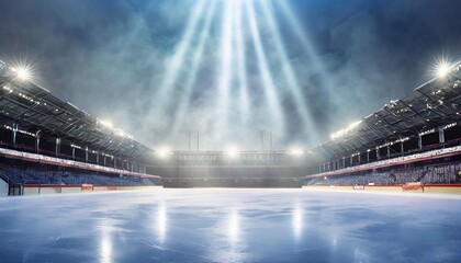 spotlights on outdoor hockey stadium with an empty ice rink light beams neon lights reflection and smoke ice show or figure skating concept - Powered by Adobe