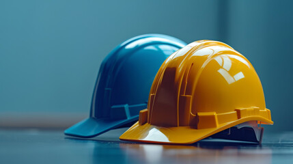 Side view of a yellow and blue construction helmet on a grey background, highlighting work safety and protection.