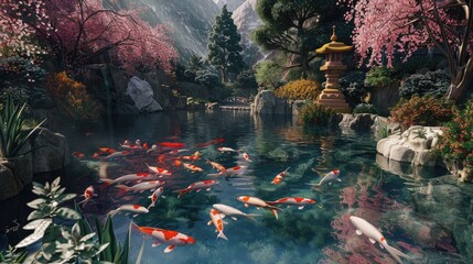 serene pond filled with swimming koi fish, embodying tranquility and grace. - Powered by Adobe