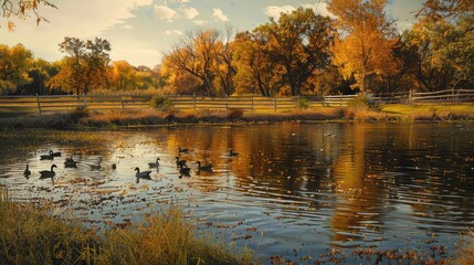 serene pond surrounded by grazing ducks and geese, depicting the peaceful coexistence of wildlife and domestic animals.