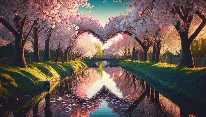 canal surrounded by cherry blossom trees with heart shape