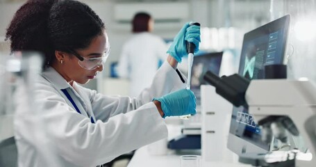 Science, laboratory and woman with beaker for medical analysis, research and medicine. Healthcare, pharmaceutical and scientist with test tube for vaccine development, chemistry and liquid results - Powered by Adobe