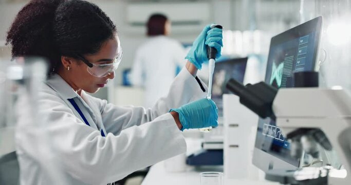 Science, laboratory and woman with beaker for medical analysis, research and medicine. Healthcare, pharmaceutical and scientist with test tube for vaccine development, chemistry and liquid results - Powered by Adobe