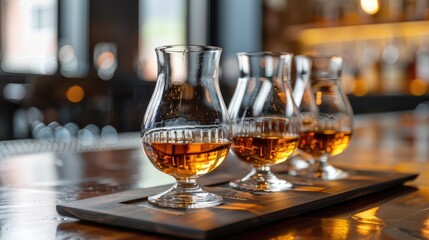 sophisticated whiskey tasting flight featuring a selection of aged spirits, offering a refined sampling experience