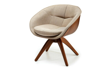 Contemporary swivel chair with a fabric seat and wooden legs, isolated on solid white background.