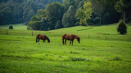 Obraz premium Two horses grazing peacefully in a lush green pasture, enjoying freedom and tranquility.