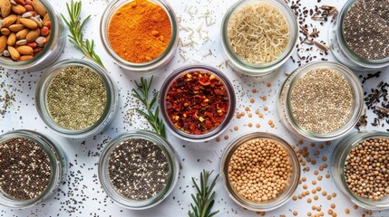 variety of superfood ingredients arranged in glass jars, including chia seeds, flaxseeds, and hemp hearts, inspiring healthy eating choices.