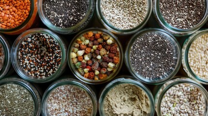 variety of superfood ingredients arranged in glass jars, including chia seeds, flaxseeds, and hemp hearts, inspiring healthy eating choices.