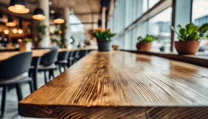 wooden table stands at forefront of blurred cafe interior embodying perfect of functionality and aesthetic allure smooth polished surface bathed in soft light invites array of products