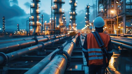 worker inspecting pipelines at an oil refinery, ensuring safety and efficiency in petroleum transportation.