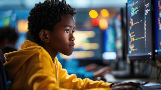 young student learning coding skills on a computer, representing the importance of computer education in the digital age. - Powered by Adobe