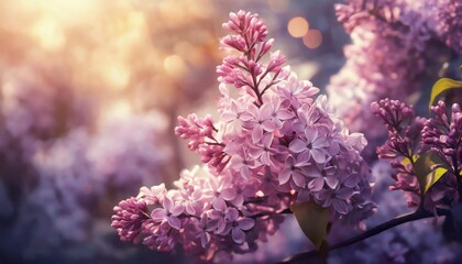 beautiful floral natural wild pink lilac flowers spring lilac flowers in the rays of sunlight in spring a picturesque artistic image with a soft focus illustration - Powered by Adobe