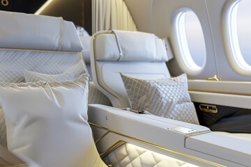 Fototapeta premium Elegant and spacious first-class cabin interior of an airplane with comfortable seating.
