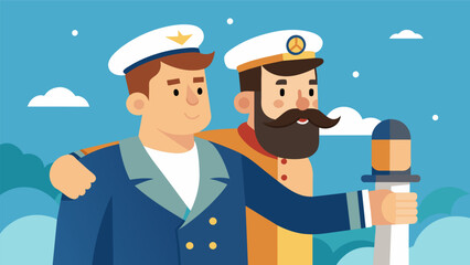 The captain leans against the periscope his hand on his first officers shoulder as they discuss their shared love for the sea and their hopes for the. Vector illustration