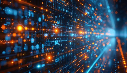 Fototapeta premium Abstract blue orange geometric speed futuristic technology texture with glowing 3d lines lights shapes pattern wall background banner illustration, backdrop for design web, wallpaper (Generative Ai)