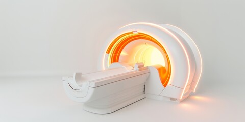 A state-of-the-art MRI scanner in a clinical setting with a bright glowing ring and a clean, minimalist design.