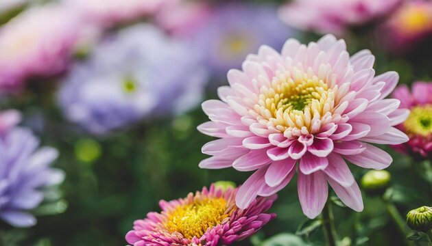 chrysanthemums and asters flowers delicate floral background in pastel colors autumn perennial flowers bush double chrysanthemum flower beautiful pink and lilac flowers