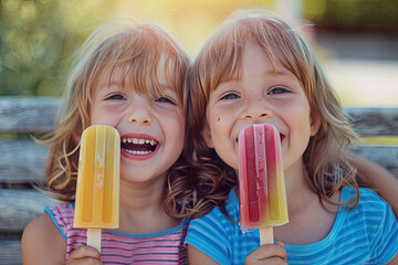 Two Happy Laughing Joyful Girls Eating Summer Ice Cream Fruit Pops 