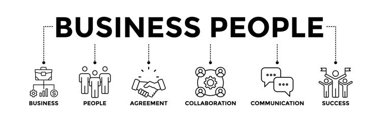 Business people banner icons set with black outline icon of business, people, agreement, collaboration, communication, and success	