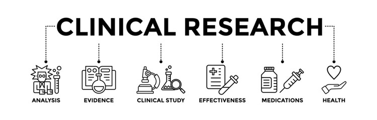 Clinical research banner icons set with black outline icon of analysis, evidence, clinical study, effectiveness, medications and health	
