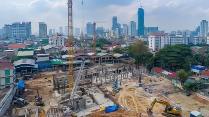 Fototapeta premium photo of construction site with Tower crane building skyscraper