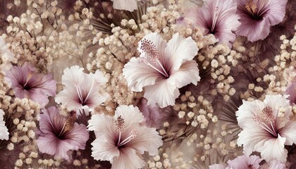 floral background seamless pattern luxury wallpaper tropical hibiscus flowers pink beige purple...