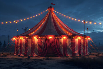An empty, silent circus tent at a big fair, generating AI.