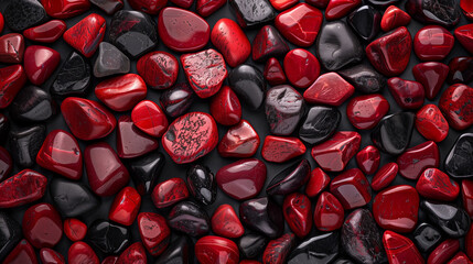 Contrast of Polished Red and Black Stones, Abstract Mineral Beauty