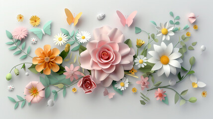 3D render of a joyful floral arrangement with abstract cut paper flowers isolated on a white background with a botanical theme. Pastel colors of rose, daisy, dahlia, butterfly, and foliage.