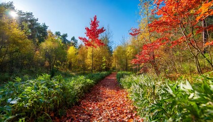 forest scenery in autumn with enchanting colors and a pathway covered with red leaves and framed by green grass and herbs - Powered by Adobe