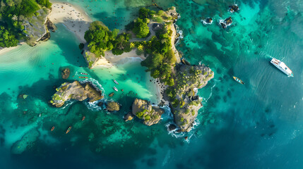 
An awe-inspiring image capturing the panoramic view of an island paradise from above. Turquoise waters surround the island, their clarity revealing coral reefs and underwater formations that shimmer 