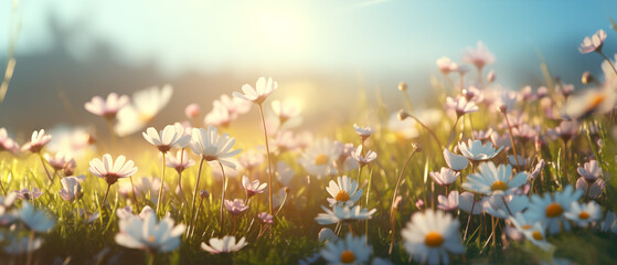 Glowing Dawn Light Over a Field of Daisy Flowers
