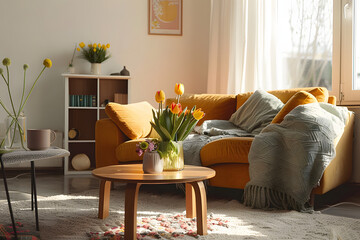 Interior of light living room with sofa, armchair and tulips on table