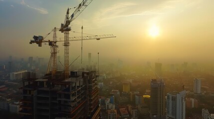 photo of construction site with Tower cranes building skyscrapers at sunset - obrazy, fototapety, plakaty