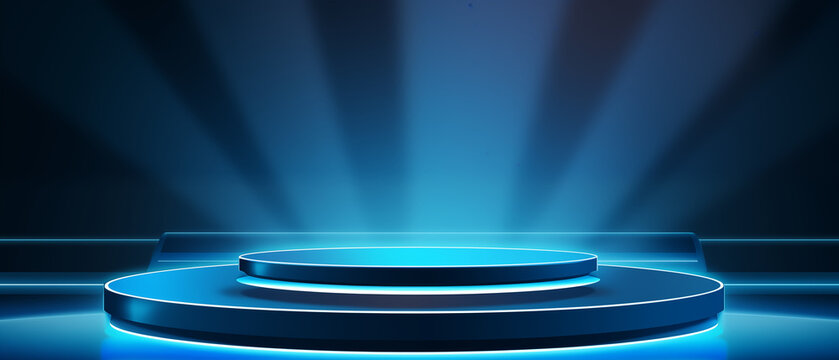 Futuristic Exhibition Stage with Neon Blue Lighting