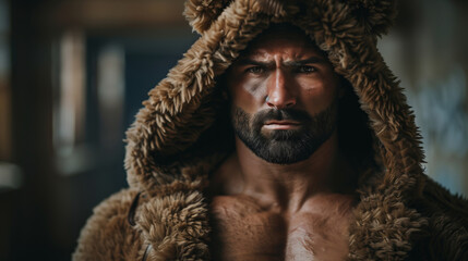 Brooding Masculine Power, Bearded Man in Bear Hood, Dramatic Lighting