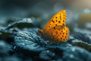 Vibrant orange butterfly perched delicately on blue-green leaves with morning dew drops.