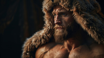 Intense Warrior Spirit, Muscular Man in Bear Fur, Primal Strength Portrait