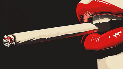 Striking Contrast of Red Lips with Cigarette, Noir Pop Art Aesthetic - obrazy, fototapety, plakaty