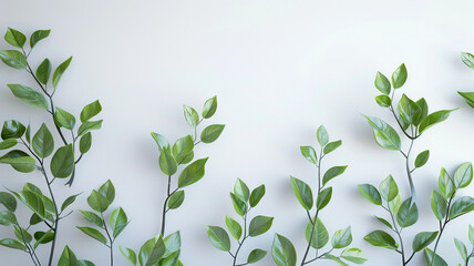 3D rendering Isolated green plant twigs with leaves on a white backdrop.
