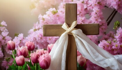 a rustic wooden cross with a white cloth draped over it set against a backdrop of vibrant pink flowers symbolizing renewal and easter